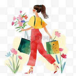 拎着购物袋的图片_卡通手绘妇女节女人购物元素