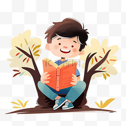 坐在树上读书图片_可爱男孩树下卡通手绘读书元素