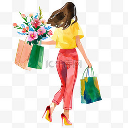 扁平化购物背景图片_卡通妇女节女人购物手绘元素