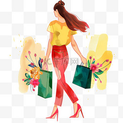 拎着购物袋的图片_手绘元素妇女节女人购物卡通