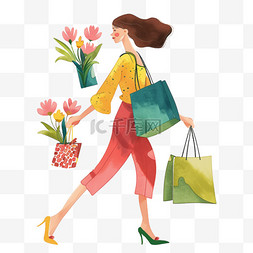 穿着高跟鞋的女人图片_女人购物卡通手绘妇女节元素