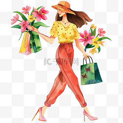 购物背景黄色图片_妇女节手绘元素女人购物卡通