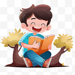 坐在树下读书图片_可爱男孩手绘元素树下读书卡通