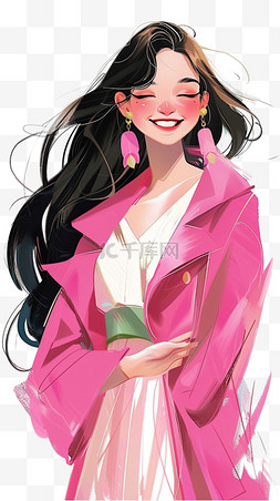 粉色长外套图片_手绘免抠妇女节时尚女性开心元素
