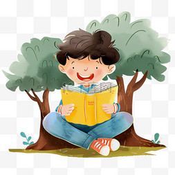 坐在树上读书图片_可爱男孩树下读书手绘卡通元素