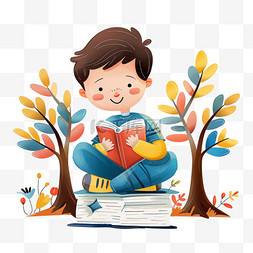 坐在树上读书图片_可爱男孩树下读书卡通元素手绘