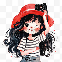 条纹白色红色图片_卡通可爱的女孩拍照手绘元素