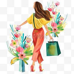 时尚手绘花朵图片_妇女节手绘女人购物卡通元素