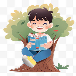 卡通可爱男孩树下元素读书手绘