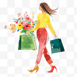 扁平化购物背景图片_女人购物卡通手绘元素妇女节