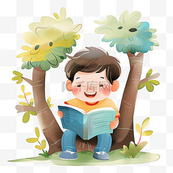 坐在树下读书图片_卡通可爱男孩树下读书手绘元素