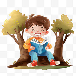 坐在树上读书图片_可爱男孩树下读书手绘元素卡通
