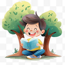 读书卡通男孩图片_手绘可爱男孩树下读书卡通元素