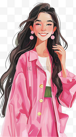 粉色长外套图片_时尚女性开心手绘免抠妇女节元素