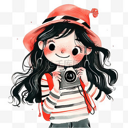 条纹白色红色图片_可爱的女孩拍照卡通手绘元素