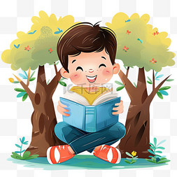 读书卡通男孩图片_可爱男孩树下读书卡通手绘元素