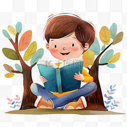 在树下读书图片_可爱男孩树下读书元素卡通手绘