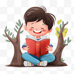 坐在树上读书图片_可爱男孩手绘树下读书卡通元素