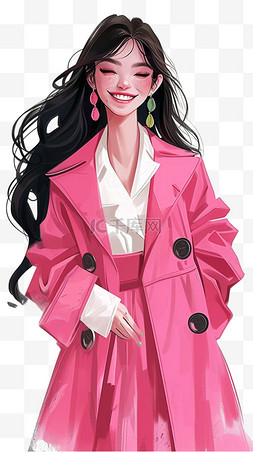 粉色长外套图片_妇女节时尚女性开心免抠元素手绘