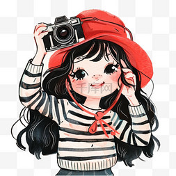 条纹白色红色图片_可爱的女孩手绘元素拍照卡通