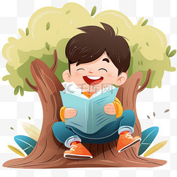 树下可爱男孩读书卡通手绘元素