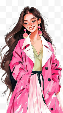 粉色长外套图片_妇女节手绘时尚女性开心免抠元素