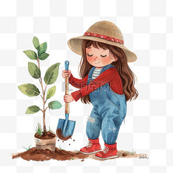 红色植树节图片_植树节卡通可爱女孩植树手绘元素