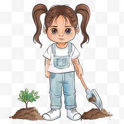 卡通手绘植树节女孩植树元素