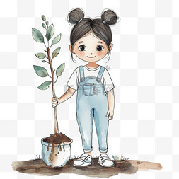 女孩植树卡通手绘元素植树节