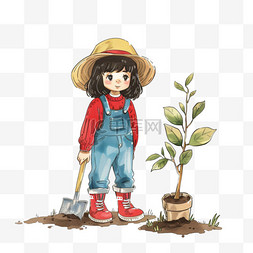 红色植树节图片_可爱女孩植树卡通植树节手绘元素