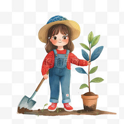 可爱女孩植树植树节卡通手绘元素
