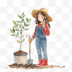 植树节手绘可爱女孩植树卡通元素