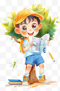 蓝色书本背景素材图片_可爱男孩读书手绘免抠元素卡通
