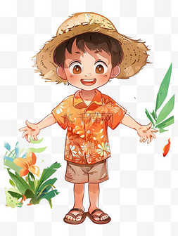 戴草帽的男图片_手绘可爱男孩春天植物卡通元素