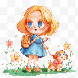 小狗在草地上图片_手绘元素春天可爱女孩卡通