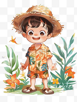 戴草帽的男图片_元素可爱男孩春天植物卡通手绘