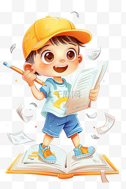 蓝色短袖图片_可爱男孩读书免抠元素卡通手绘