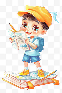 浅蓝色的书本图片_可爱免抠男孩读书卡通手绘元素