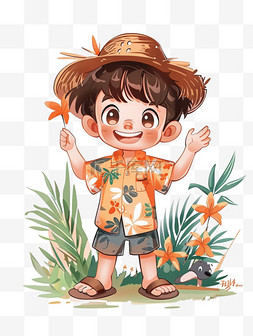 戴草帽的男图片_可爱男孩春天植物手绘元素卡通