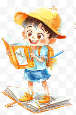 蓝色书本背景素材图片_可爱男孩免抠元素读书卡通手绘