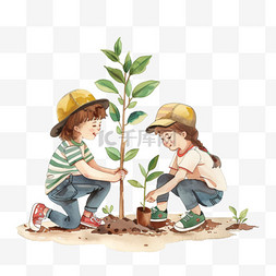 孩子动手图片_植树节手绘2个孩子植树卡通元素