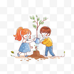 孩子简约海报图片_植树节简约孩子植树手绘元素