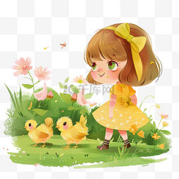 粉色草地背景图片_春天元素可爱女孩玩耍手绘
