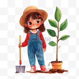 红色植树节图片_植树节卡通可爱女孩植树手绘元素