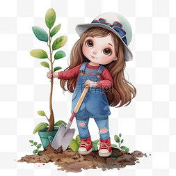 卡通手绘植树节可爱女孩植树元素
