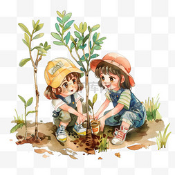 植树节孩子图片_手绘植树节2个孩子植树卡通元素