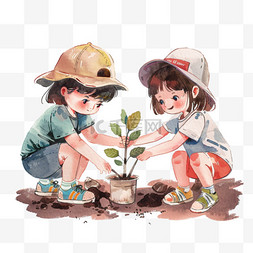 植树节会徽图片_植树节2个孩子植树手绘卡通元素