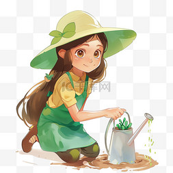 可爱女孩浇水种树手绘元素卡通