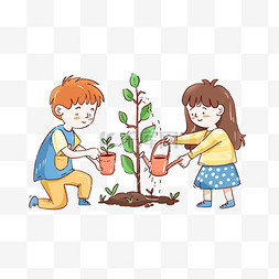 植树节插画海报图片_植树节孩子植树简约手绘元素