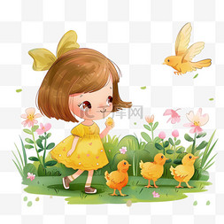 手绘草地花朵背景图片_可爱女孩玩耍手绘元素春天